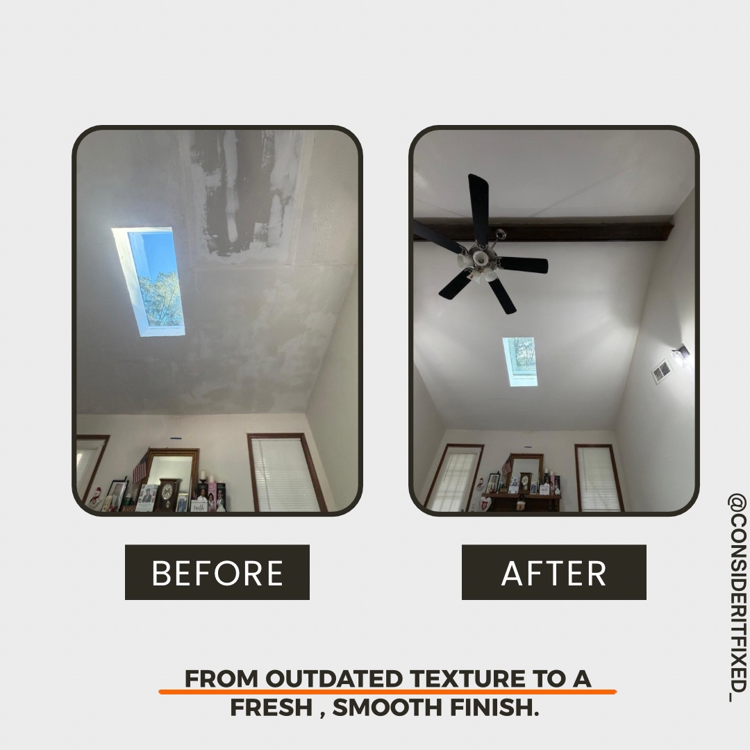 Before and after smooth ceiling transformation completed by Consider It Fixed